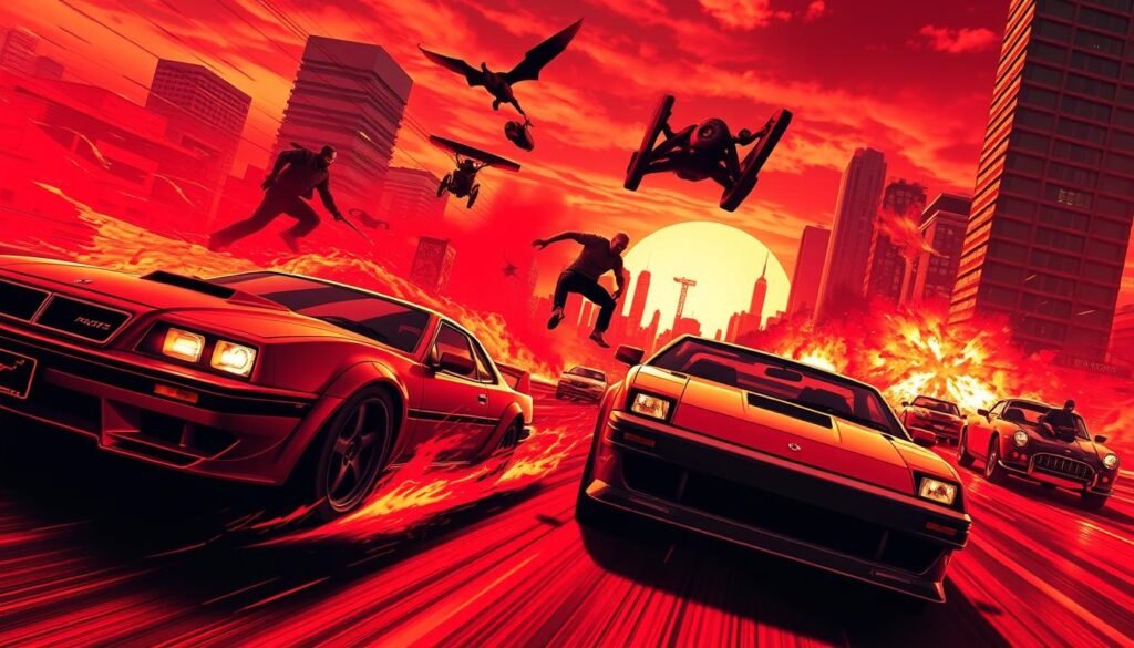 a video game graphics of cars and people flying in the air
RED MOVIE