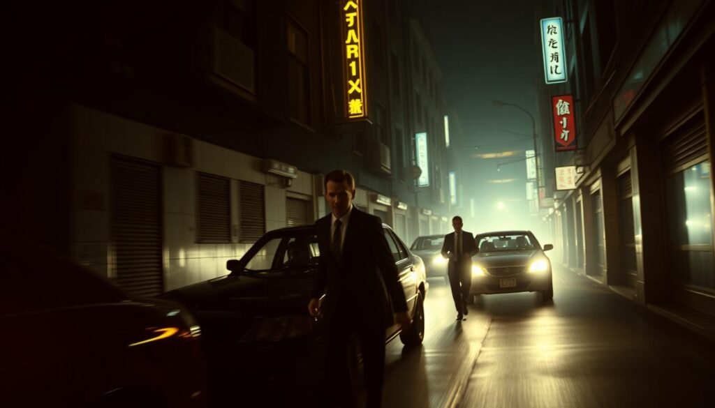 a man walking on a street with cars and lights
RED MOVIE